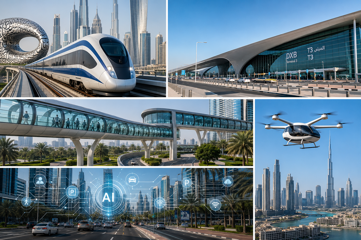 Dubai tomorrow transit and airport infrastructure collage